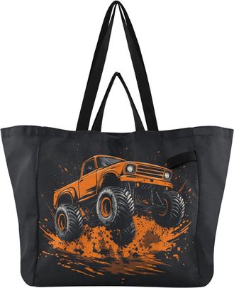 Generic Monster Truck Orange pattern Reusable Canvas Tote Bag, Heavy Duty Grocery Shopping Bag with Large Capacity Hard Bottom Double Handles Work Groceries T
