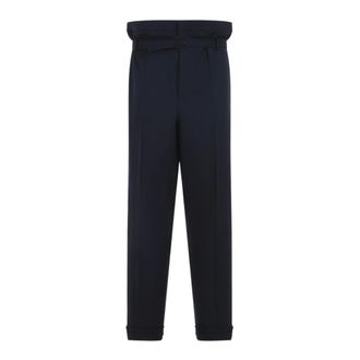 Saint Laurent Straight Trousers, male, Blue, Size: M Paperbag Pants in Wool