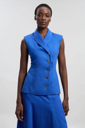 Karen Millen Womens Tailored Linen Corset Back Detail Button Front Waistcoat - Blue Lyocell - Size 16 UK