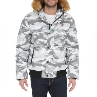 Tommy Hilfiger Mens Arctic Cloth Quilted Snorkel Bomber Jacket Parka, White Camouflage, M
