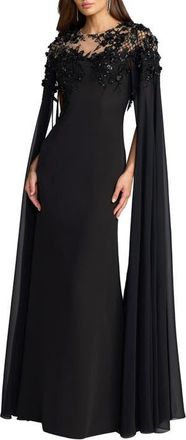 Mac Duggal Floral Embellished Crepe Gown With Chiffon Cape in Black at Nordstrom, Size 12