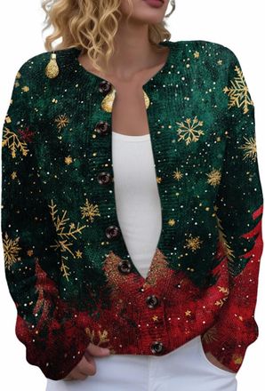Generic Womens Christmas Cardigan Xmas Tree Print Button Down Long Sleeve Cardigans Fall Winter Soft Cozy Pullover Tops Holiday Clothes, Blackish Green, L