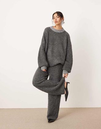 Asos boucle knit wide leg pants in charcoal - part of a set-Gray