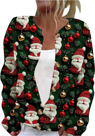 Generic Christmas Cardigans for Women UK Funny Xmas Tree Print Button Up Jumpers Open Front Warm Comfy Vintage Knitted Sweaters Lightweight Fall Outfits Women