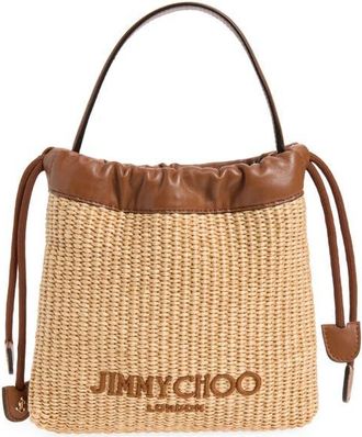 Jimmy Choo London Woven Raffia Top Handle Drawstring Pouch in Natural/tan/light Gold at Nordstrom