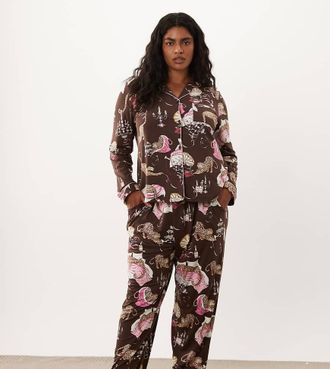 Chelsea Peers Curve pigiama con bottoni a quadri leopardati neutri-Multicolore