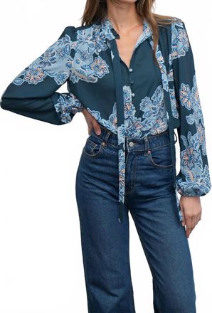 Greylin Cierra Button Up Tie Neck Blouse In Teal
