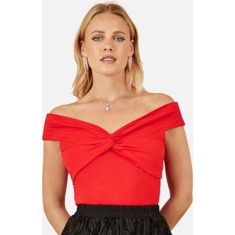 Yumi Short Sleeve Knot Detail Bardot Top in Red at Nordstrom, Size 12