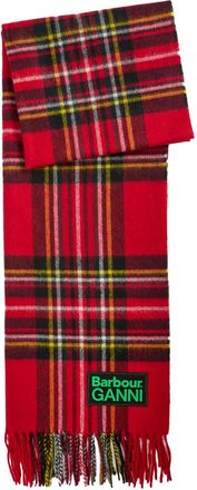 Ganni Tartan Fringed Wool Scarf - Red - One Size