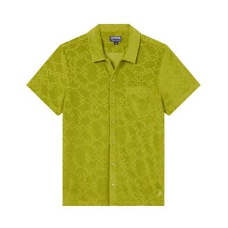 Vilebrequin Terry Bowling Shirt Turtles Net Jacquard - Heren - Korte mouwen Overhemden - Groen - 3XL - Katoen - Overhemden
