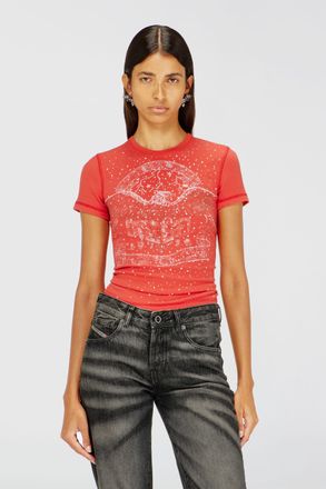Diesel T-shirt with concert graphics and crystals - T-Shirts - Woman - Red