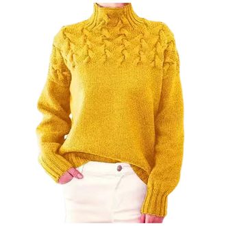 Generic 2025 Sweater Womens Stylish Loose Fitting Turtleneck Long Sleeved Sweater (Light Yellow, XL)