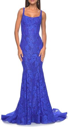 La Femme Mermaid Stretch Lace Gown with Corset Top in Royal Blue at Nordstrom, Size 14