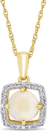 Amour Opal and 1/10 CT TW Diamond Floating Square Halo Necklace In 10K Yellow Gold