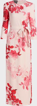 Monique Lhuillier Rose-Print Crepe Belted Bracelet-Sleeve Maxi Dress