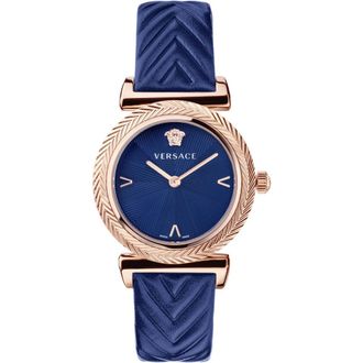 Versace V-Motif Dameshorloge Ros&eacute;goud Blauw Leer - Dames - Horloges - Roze - ONE Size - Leer - Accessoires