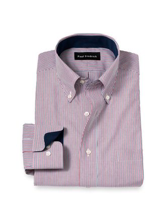 Paul Fredrick Slim Fit Non-iron Cotton Stripe Dress Shirt With Contrast Trim