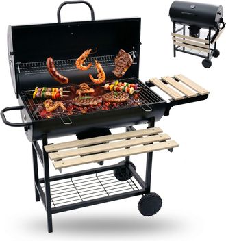 Relaxdays Barbacoa De Carb&oacute;n Relaxdays Con Tapa Y Term&oacute;metro, 95x114,5x69 Cm, Acero Con Recubrimiento En Polvo, Carro