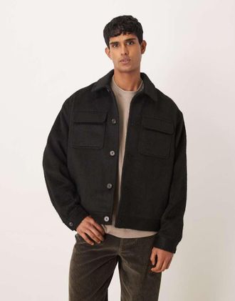 Asos Giacca harrington marrone effetto lana spazzolata-Nero