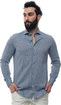 LUIGI BORRELLI NAPOLI Mixed Linen Shirt Long Sleeve - Heren - Casual Overhemden - Blauw - L - Katoen - Overhemden