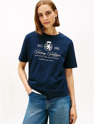 Tommy Hilfiger Womens Embroidered Script Crest Logo T-Shirt - Navy - L