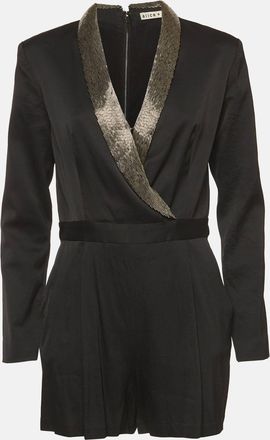 Alice & Olivia Alice + Olivia Black Stretch Satin Beaded Collar Kyrie Tuxedo Romper