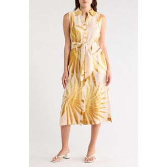 Joie Sleeveless Tie Waist Shirtdress in Gold Palm at Nordstrom Rack, Size 10