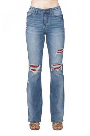 Judy Blue Womens Mr Plaid Patch Detail Bootcut Jeans In Blue
