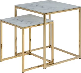 Furniture To Go Alisma Nest of Tables with White Crystal Clear Marble Glass Top & Gold Legs