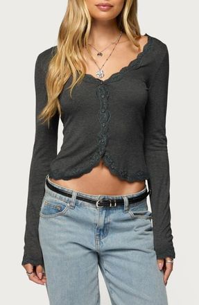 Edikted Gayle Lace Trim Button-Up Crop Top in Dark-Gray at Nordstrom, Size X-Small
