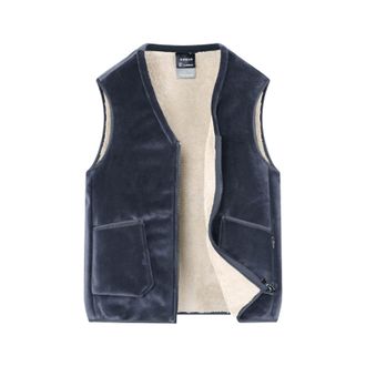 Generic MenS Gilet Fleece Warmth Thickened Waistcoat Collarless Full Zipper Solid Color Outwear With Front Pockets Sleeveless Vest Jacket Daily Wear Relaxed-F