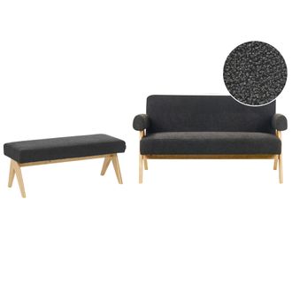 Beliani Conjunto De Sala De Estar Retro Sof&aacute; 2 Plazas Banco Tapizado De Boucl&eacute; Patas De Madera Negro Y Marr&oacute;n Claro Tamre