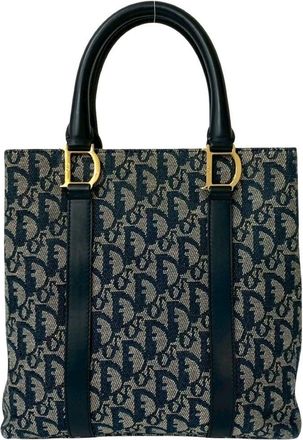 Dior Navy Leather Canvas Handbag Tote Bag (Pre-Owned)