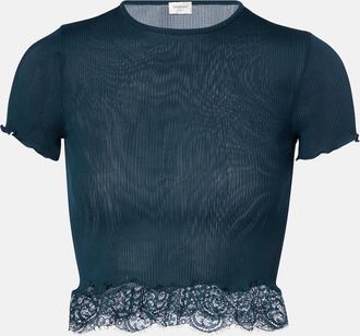 Saint Laurent Lace-trimmed cropped silk T-shirt