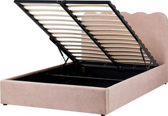 Beliani Cama Con Somier De Tela 140 X 200 Cm Con Cabecero Espacio Almacenaje Elevable Rosa Pastel Nanterre