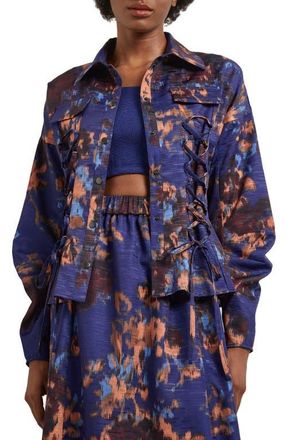 Misook Structured Corset Laced Woven Jacket in Starry Night Blue at Nordstrom, Size Xx-Small