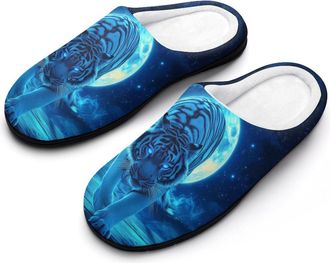 Generic White Tiger Moon Starry Sky Womens Slippers Warm House Slippers Indoor House Shoes with Anti-Skid Rubber Sole