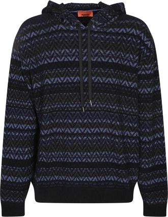 Missoni Hooded Sweater in Wool Blend with Zigzag Pattern - Heren - Hoodies - Blauw - 2XL - Wol - Hoodies & sweatvesten