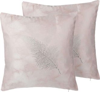 Beliani Beliani - Conjunto De Cojines Decorativos Con Plumas Rosa 45 X 45 Cm Motivo Delicado Decoraci&oacute;n Glamour Silene