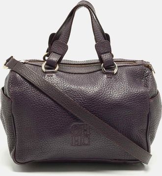 Carolina Herrera Dark Purple Grained Leather Boston Bag