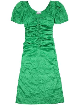 Ganni crinkled-effect puff-sleeve midi dress - Green
