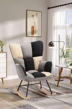 Living and Home Beige Grey Black Check Tufted Linen Patchwork Rocking Chair