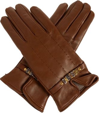 Moschino Lederen handschoenen met logo - Dames - Handschoenen - Bruin - XS - Wol - Accessoires