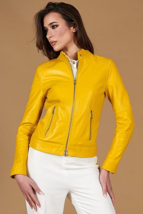 D'Arienzo Giacca biker in pelle gialla nappa effetto liscio DArienzo, Seleziona Taglia XS, Colore Giallo