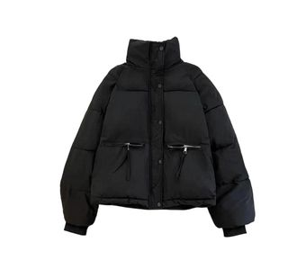 Generic Womens Thickened Short Down Cotton Outerwear, College Style Thickened Stand Collar Outerwear Black