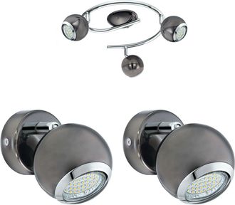 Loops Ceiling Spot Light & 2x Matching Wall Lights Black Nickel Round Adjustable Lamp