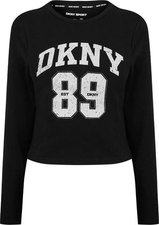 DKNY Dames 1989 Logo Cropped Fitted Lange Mouwen T-Shirt (Zwart/Wit)