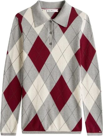 Tommy Hilfiger Truien & Vesten, Dames, Veelkleurig, L, Katoen, Argyle Polo Collar Slim Longline Jumper