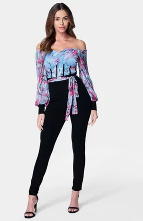 Bebe Womens Printed Mesh Off Shoulder Catsuit