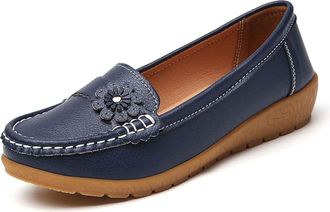 Generic Womens Soft Sole Comfortable Leather Shoes, Casual Driving Moccasins Women Boat Shoes Flats Slip on Penny Loafers (Navy Blue,6.5)